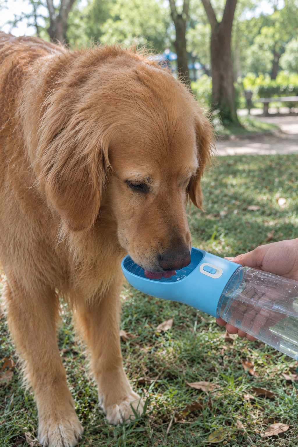 Golden retriever drinking from a blue Oqelia GoCup dog water bottle in a park