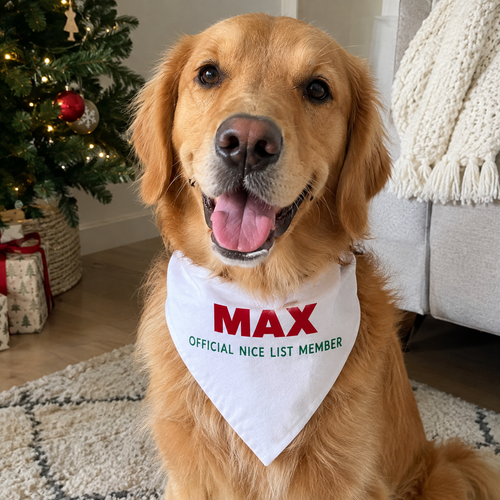 Personalized Christmas dog bandana with a red dog name and green “Official Nice List Member” lettering on white fabric.