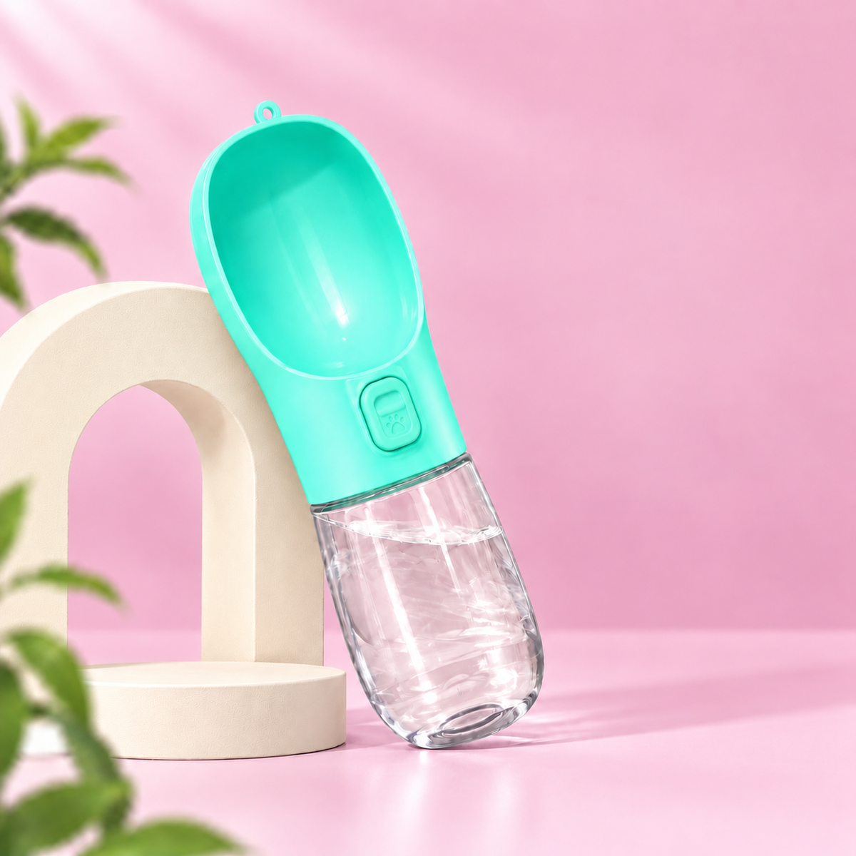 Green Oqelia GoCup Water Only dog water bottle with built-in drinking trough