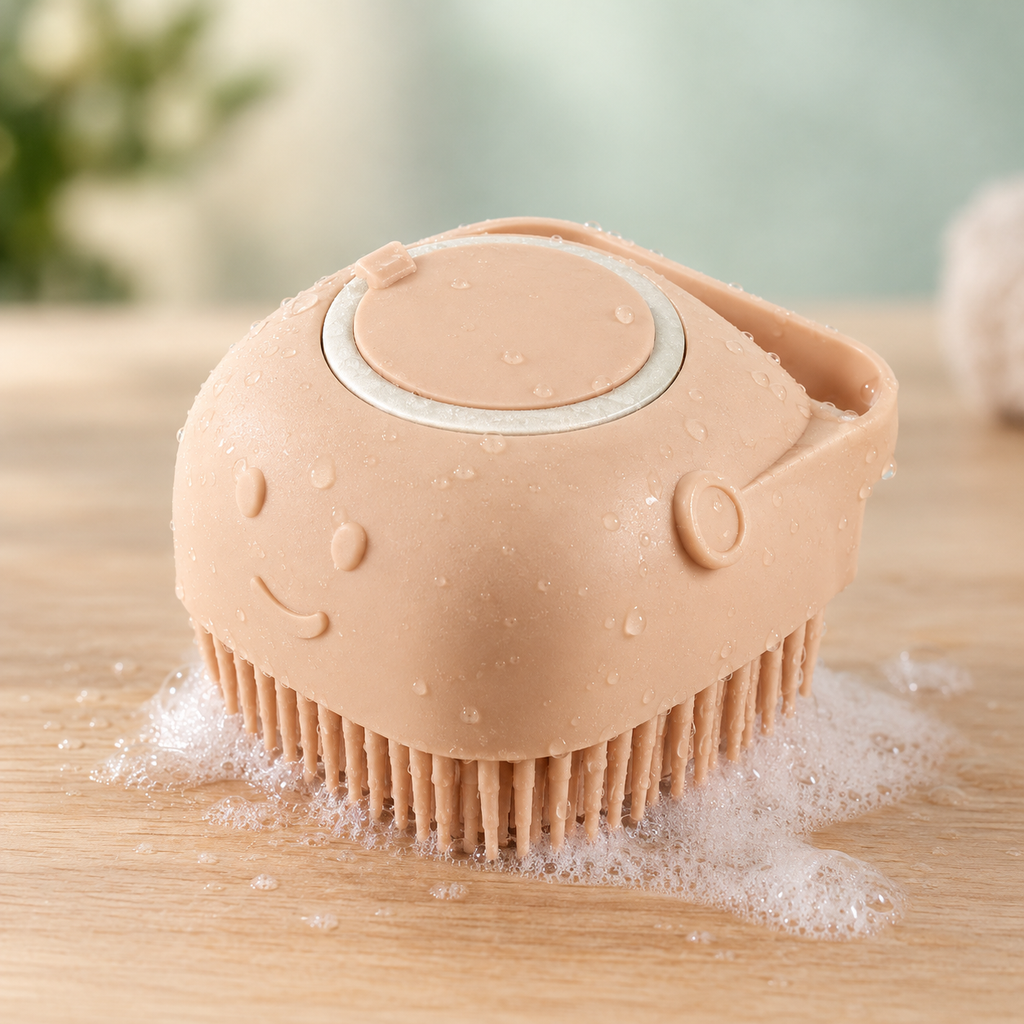 Oqelia BathClean™ beige dog shampoo and massage brush