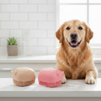 Beige and pink Oqelia BathClean dog bath brushes beside a dog