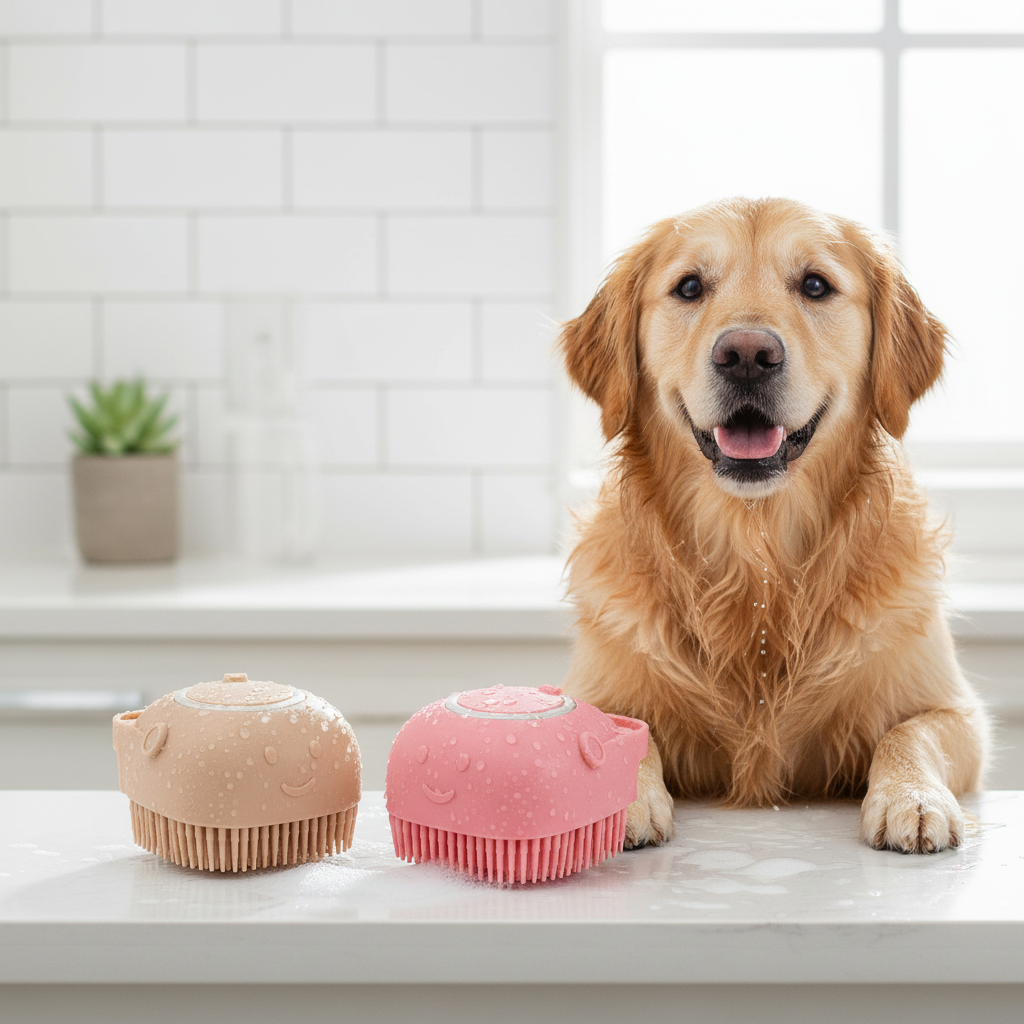 Beige and pink Oqelia BathClean dog bath brushes beside a dog