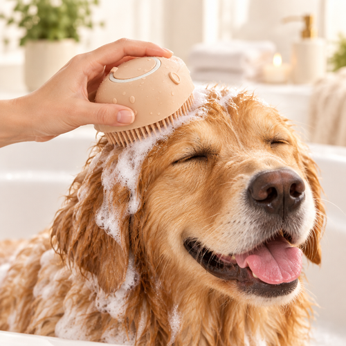 Beige Oqelia BathClean brush used on a dog's wet coat