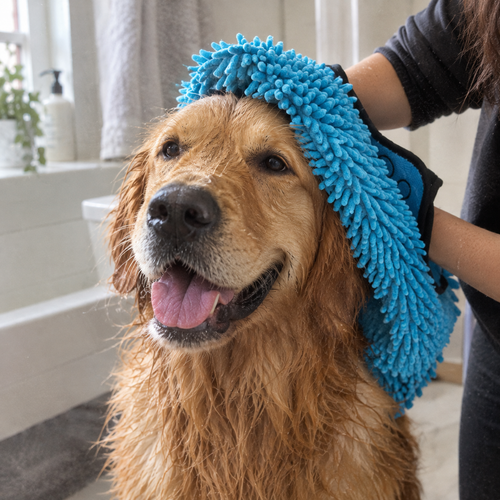 Blue Oqelia DryCoat chenille towel drying a dog's head